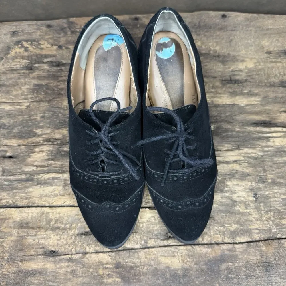 Ellen Tracy Tobin Black Suede Leather Comfort Wedge Heel Oxfords Women’s 7.5